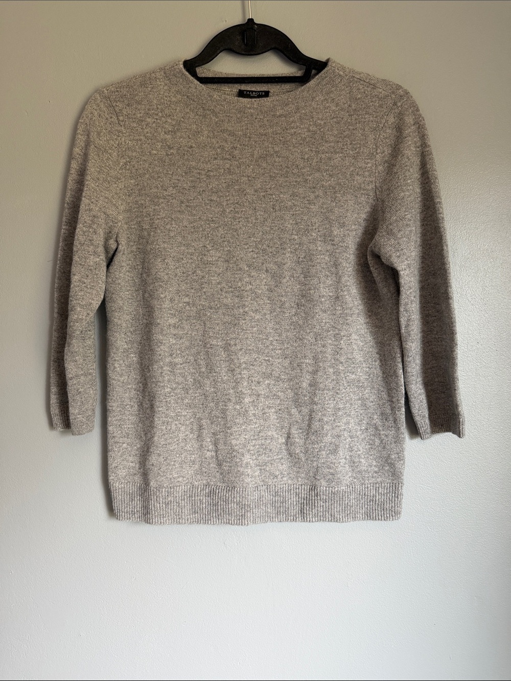Talbots Audrey 100% Cashmere Neutral Heather Gray Crewneck 3/4 Sleeve Sweater MP